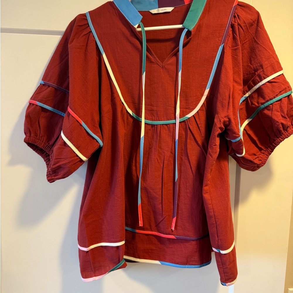 Colorful Boho Blouse with Tie Neck